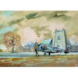 Miles O'Reilly (20th Century) British. Spitfire in front of a Church, Watercolour, Signed and