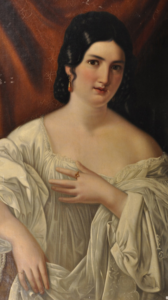 19th Century Spanish School. Portrait of a Lady, wearing a White Robe, and Coral Earrings, Unframed,