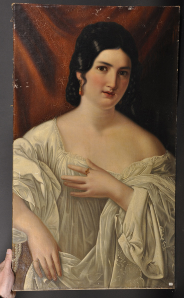 19th Century Spanish School. Portrait of a Lady, wearing a White Robe, and Coral Earrings, Unframed, - Image 2 of 3