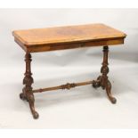 A VICTORIAN BURR WALNUT FOLD-OVER CARD TABLE. 2ft 6ins high x 3ft 6ins wide x 1ft 9ins deep.