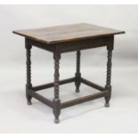 A SMALL 18TH CENTURY OAK STRAIGHT FRONT TABLE with four plank top, turned legs and plain stretchers.