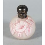 A WEBBS CAMEO BOTTLE SHAPED SCENT BOTTLE with silver top. 2.25ins diameter.