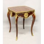 A FRENCH LOUIS XVI STYLE INLAID ORMOLU SQUARE TABLE, with floral medallions on cabriole and fluted