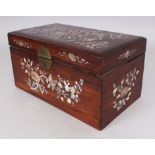 AN EARLY 20TH CENTURY CHINESE MOTHER-OF-PEARL INLAID RECTANGULAR WOOD BOX, with a hinged cover, 11.