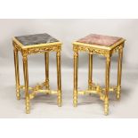 A PAIR OF DECORATIVE MARBLE TOP GILTWOOD TABLES, with carved decoration. 2ft 4ins high x 1ft 4ins