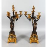 A VERY GOOD PAIR OF 19TH CENTURY ORMOLU AND BRONZE SIX LIGHT, FIVE BRANCH CANDELABRA, the sconces