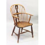 AN 18TH CENTURY WINDSOR ELM AND OAK ARMCHAIR with straight stretcher.