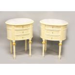 A PAIR OF LOUIS XVI STYLE OVAL BEDSIDE COMMODES, with marble tops, three drawers supported on fluted