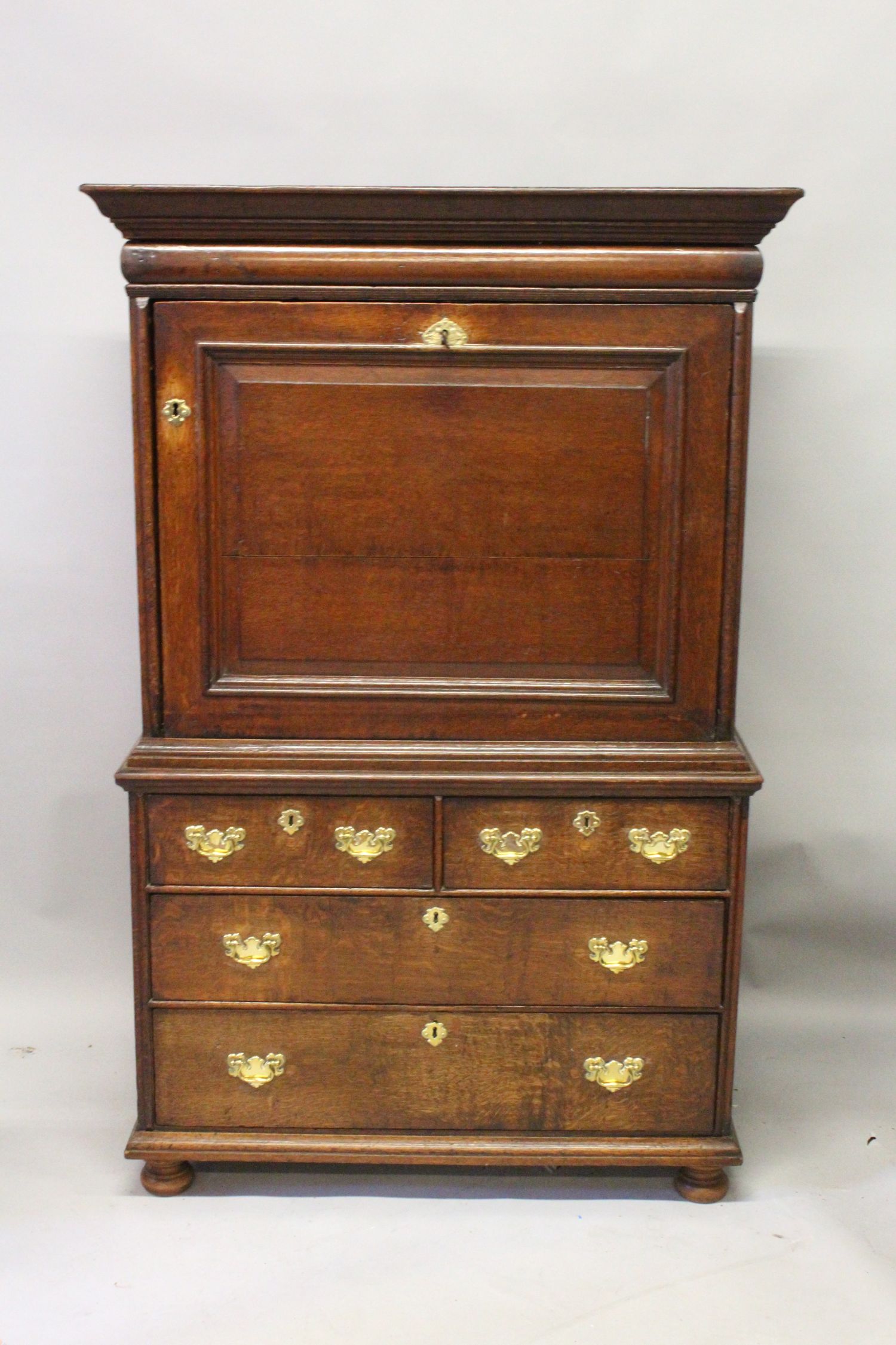 AN 18TH CENTURY OAK ESCRITOIRE, with frieze drawer, panelled drop flap opening to reveal a cupboard, - Image 2 of 2