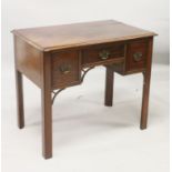 A GEORGE III DESIGN MAHOGANY LOW BOY, with three drawers on square legs. 2ft 10ins wide x 2ft 4ins
