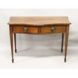 A GEORGE III DESIGN MAHOGANY TWO DRAWER SERPENTINE SIDE TABLE, on tapering square legs with spade