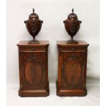 A VERY GOOD PAIR OF ADAM DESIGN MAHOGANY DINING ROOM PEDESTAL CUPBOARDS, WITH MATCHING CUTLERY URNS,