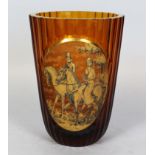 A FRENCH GLASS VASE, with a large oval scene of horse riding. 8ins high.