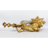 A SUPERB PAIR OF GILT BRONZE WALL SCONCES, as female winged figures holding a lamp. 27ins long.