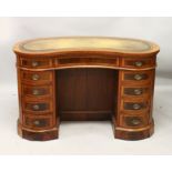 A GOOD SHERATON REVIVAL MAHOGANY AND CROSSBANDED KIDNEY SHAPE WRITING DESK, with leather inset