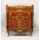 A GOOD LOUIS XVI STYLE MAHOGANY, ORMOLU AND MARBLE TOP CABINET, with variegated rouge marble top,