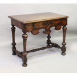 AN 18TH CENTURY FRENCH WALNUT SIDE TABLE, with a single frieze drawer, on turned legs united by a