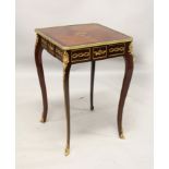 A FRENCH LOUIS XVI STYLE INLAID ORMOLU SQUARE TABLE, on cabriole legs. 2ft 7ins high x 1ft 11ins