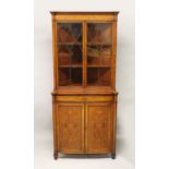 A SUPERB EDWARDS & ROBERTS MAHOGANY AND MARQUETRY STANDING CORNER CABINET, with moulded dentil