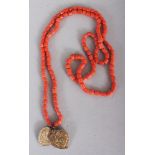 ANOTHER 19TH/20TH CENTURY CHINESE CORAL NECKLACE WITH SILVER GILT METAL PENDANTS, composed of