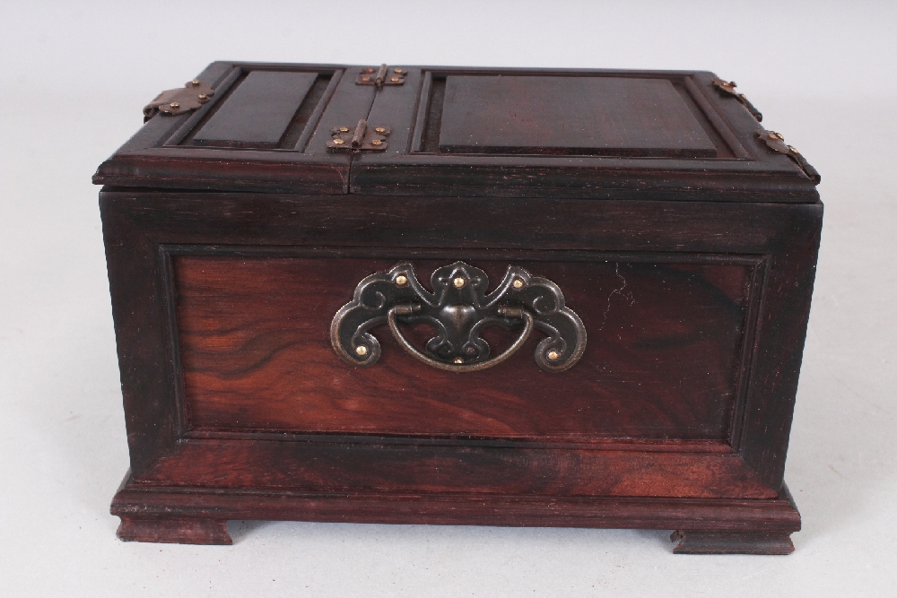 A CHINESE RECTANGULAR WOOD JEWELLERY OR VANITY BOX, with drawers and a folding mirror, 7in x 5.2in x - Image 4 of 7