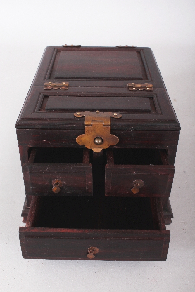A CHINESE RECTANGULAR WOOD JEWELLERY OR VANITY BOX, with drawers and a folding mirror, 7in x 5.2in x - Image 3 of 7