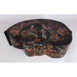 AN UNUSUAL GOOD EARLY 19TH CENTURY SHAPED LACQUER BOX & COVER, the cover well painted with a peach