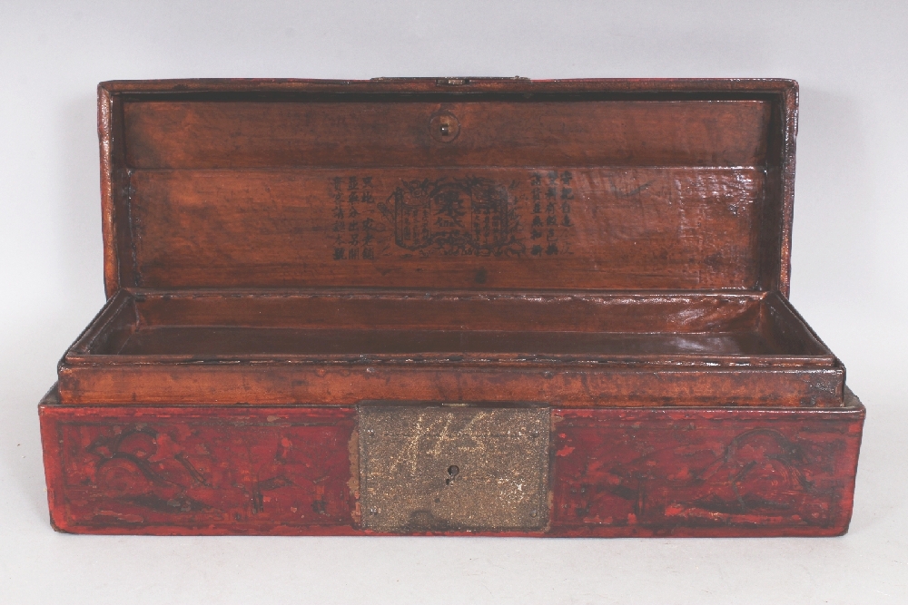 AN UNUSUAL 19TH CENTURY CHINESE LEATHER CLAD RECTANGULAR CASKET, the domed cover and sides decorated - Image 2 of 7