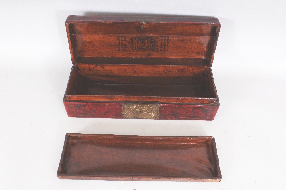 AN UNUSUAL 19TH CENTURY CHINESE LEATHER CLAD RECTANGULAR CASKET, the domed cover and sides decorated - Image 3 of 7