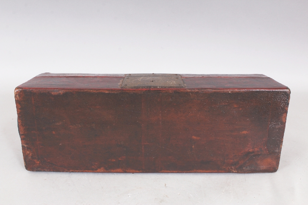 AN UNUSUAL 19TH CENTURY CHINESE LEATHER CLAD RECTANGULAR CASKET, the domed cover and sides decorated - Image 7 of 7