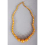 A GOOD YELLOW AMBER NECKLACE, weighing approx. 43gm, composed of graduated oval beads, approx.