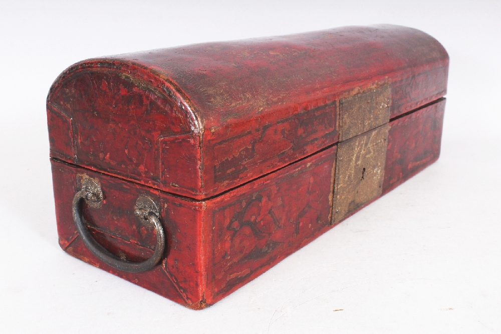 AN UNUSUAL 19TH CENTURY CHINESE LEATHER CLAD RECTANGULAR CASKET, the domed cover and sides decorated - Image 5 of 7