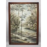 A GOOD LARGE 19TH/20TH CENTURY FRAMED JAPANESE EMBROIDERED COARSE SILK PICTURE, depicting a hut in a