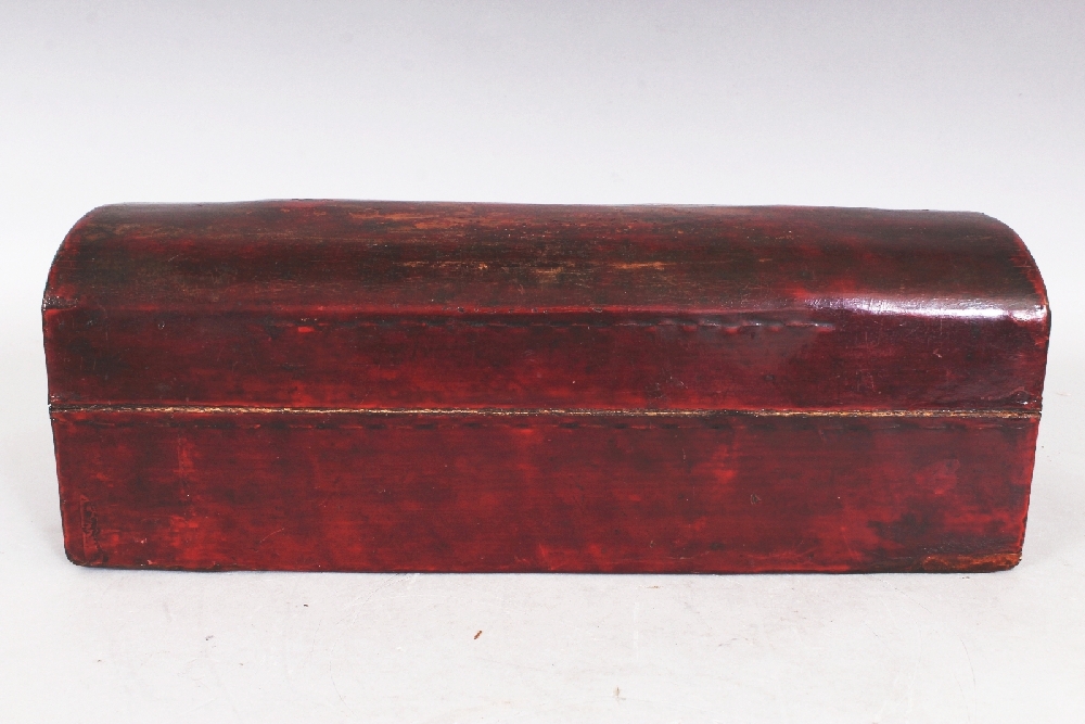 AN UNUSUAL 19TH CENTURY CHINESE LEATHER CLAD RECTANGULAR CASKET, the domed cover and sides decorated - Image 6 of 7