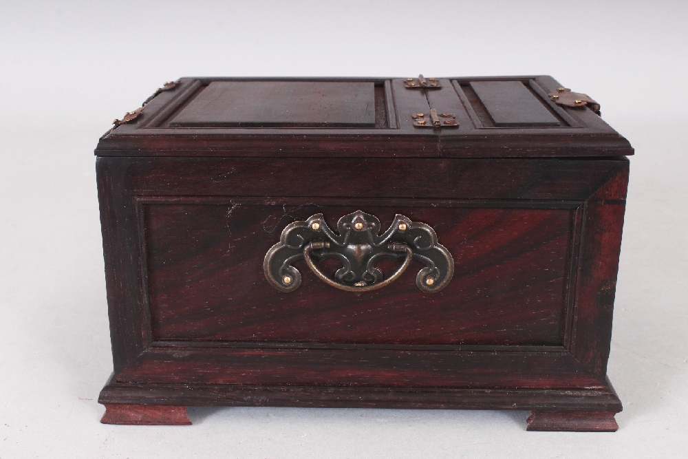 A CHINESE RECTANGULAR WOOD JEWELLERY OR VANITY BOX, with drawers and a folding mirror, 7in x 5.2in x - Image 6 of 7