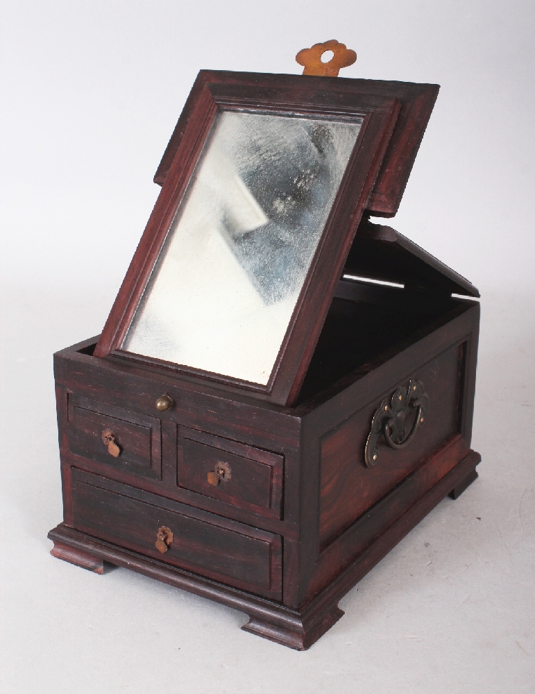 A CHINESE RECTANGULAR WOOD JEWELLERY OR VANITY BOX, with drawers and a folding mirror, 7in x 5.2in x