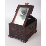 A CHINESE RECTANGULAR WOOD JEWELLERY OR VANITY BOX, with drawers and a folding mirror, 7in x 5.2in x