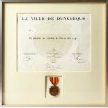 LA VILLE DE DUNKERQUE VETERANS ASSOCIATION MEDAL AND CITATION, along with three other medals.