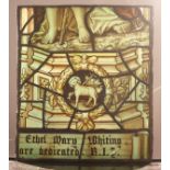 A SECTION OF A 19TH CENTURY MEMORIAL WINDOW, to Ethel Mary Whiting. 1ft 7ins high x 1ft 4.5ins