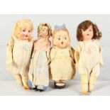 FOUR SMALL BISQUE HEADED DOLLS.