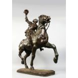 A GOOD LARGE BRONZE OF A NOBLEMAN, wearing armour and saluting with his hat, sitting on his horse.