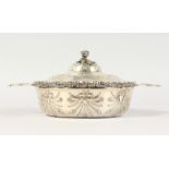 A GOOD BULGARI .800 SILVER TWO-HANDLED BOWL AND COVER, decorated with flowers and garlands. 8ins