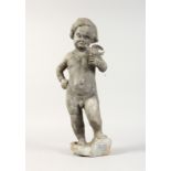 A LEAD GARDEN FIGURE, A CUPID WITH A BIRD. 15ins long.