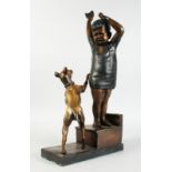 A TWO-COLOUR BRONZE GROUP OF A FRIGHTENED CHILD and playful dog, the dog trying to get the boys