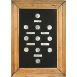 A FRAMED SET OF SEVENTEEN MOTHER-OF-PEARL GAMING COUNTERS.