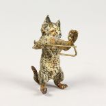 A SMALL COLD PAINTED BRONZE CAT, playing a triangle. 2.25ins high.