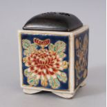 A JAPANESE IMPERIAL SATSUMA SQUARE BOX, with silver lid, the body painted with flowers on a blue