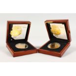 TWO ST GEORGE AND THE DRAGON FIVE POUND PIECES, gold plated 2012, in a wooden case (2).