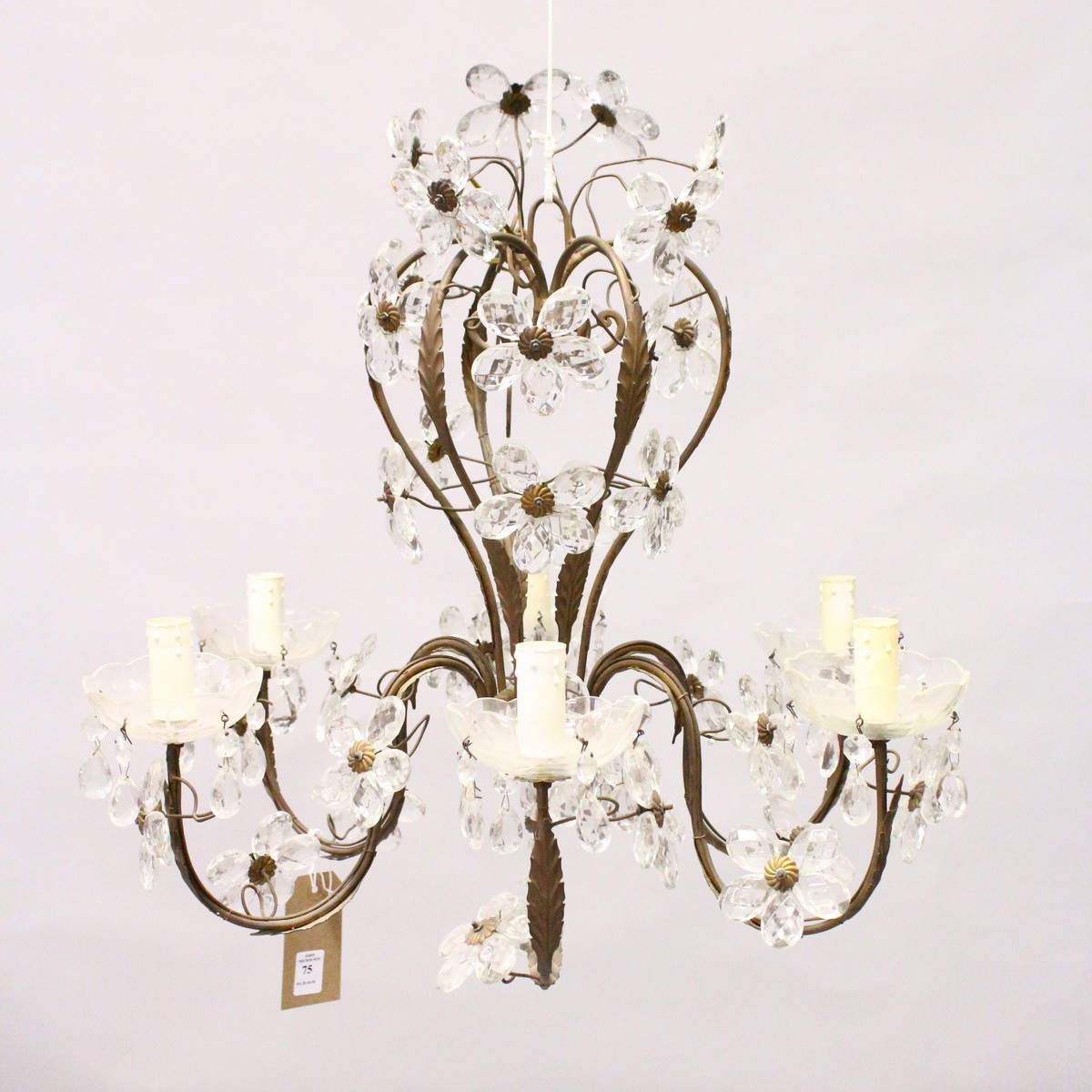 A DECORATIVE ORMOLU AND GLASS SIX BRANCH CHANDELIER, with glass flower head decoration. 1ft 10is