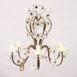 A DECORATIVE ORMOLU AND GLASS SIX BRANCH CHANDELIER, with glass flower head decoration. 1ft 10is